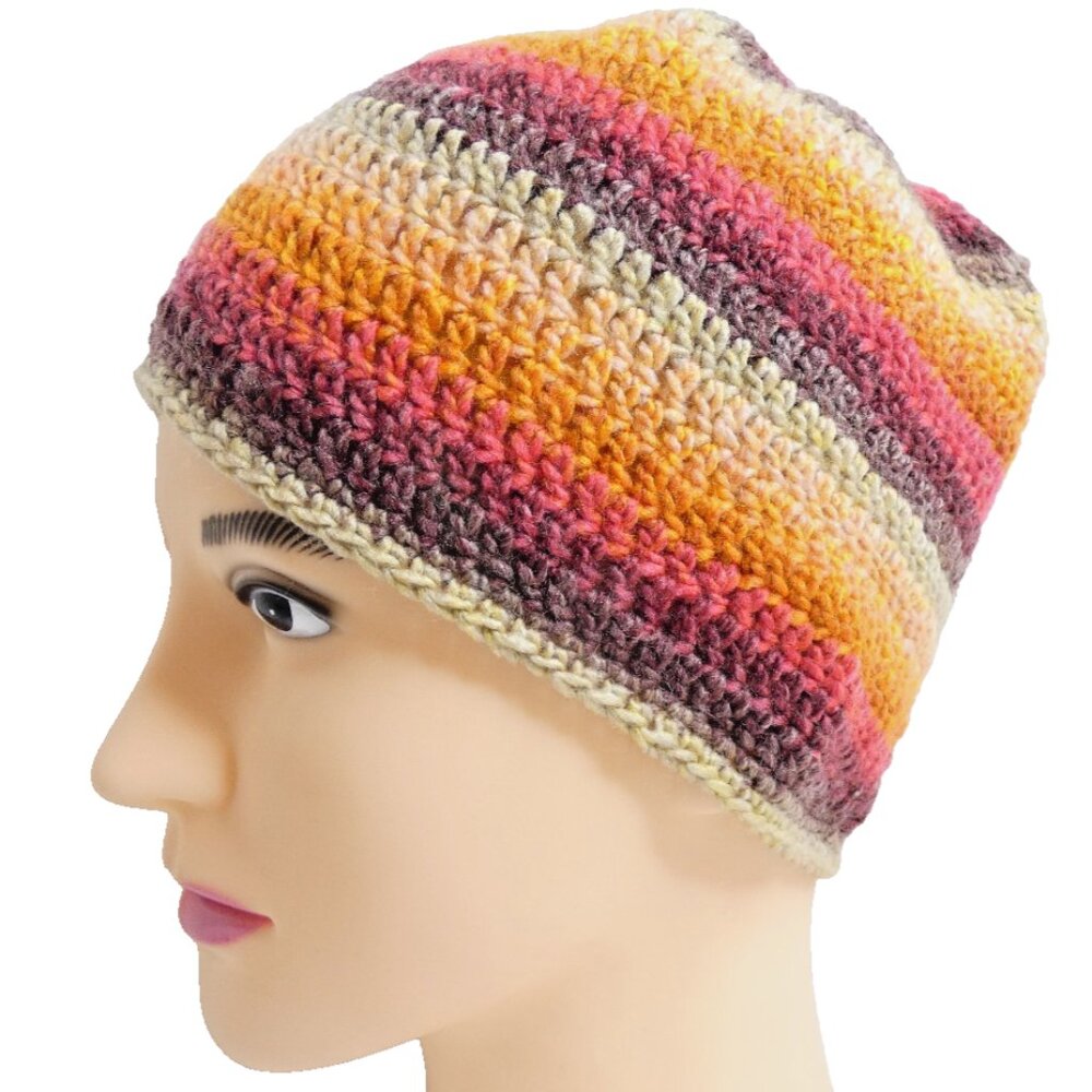 Brown Orange Stripe Beanie OS Handmade Crochet Hand Knit Warm Winter Cap Hat NWT